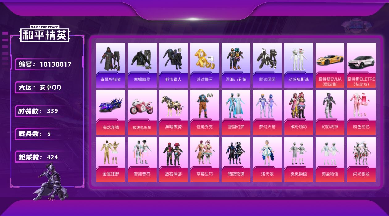 和平精英账号安卓QQ"DF239 有二次钱包无法注销安卓Q-9稀有5载具22粉装27特效枪42热门339套装424枪皮 