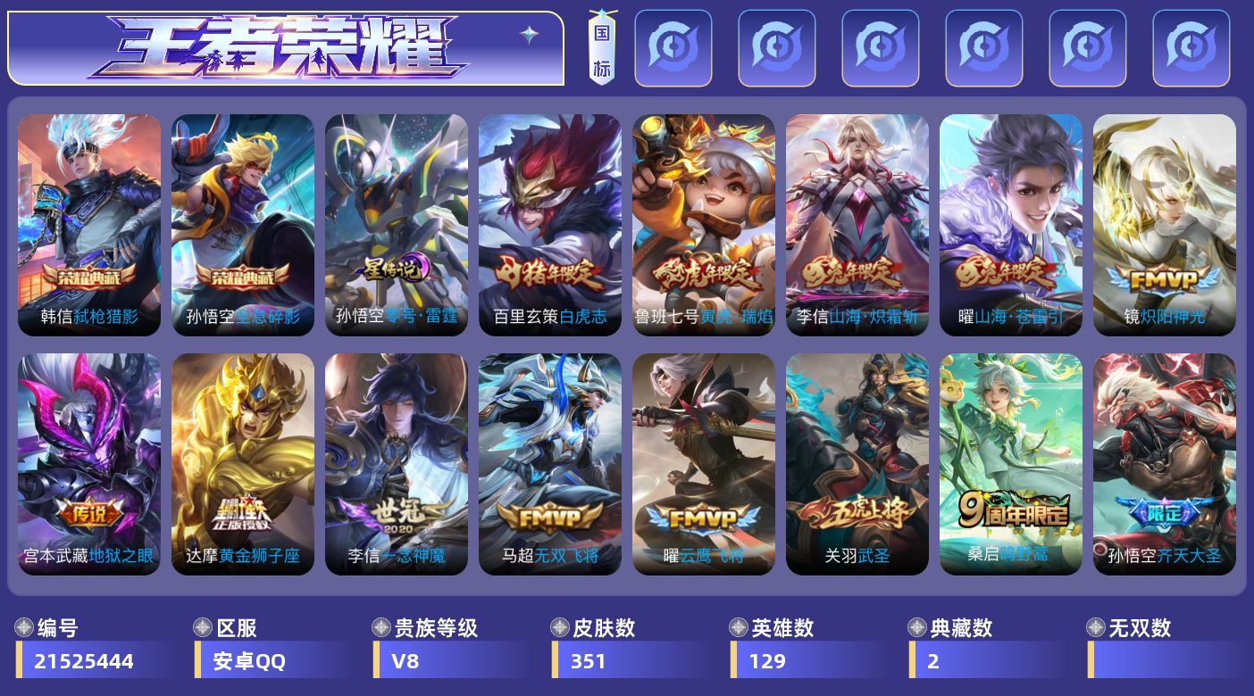王者荣耀账号安卓QQ129英雄-351皮肤--V8-2典藏22传说 1星传说 零号·雷霆 【全皮英雄】 猪八戒全皮 【典