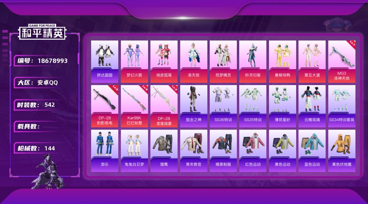 和平精英账号安卓QQ7粉装 4特效枪 10印记 可二次 可修改实名 
【热门装扮】梦幻火箭(新101) ,洛天依,俏皮狐