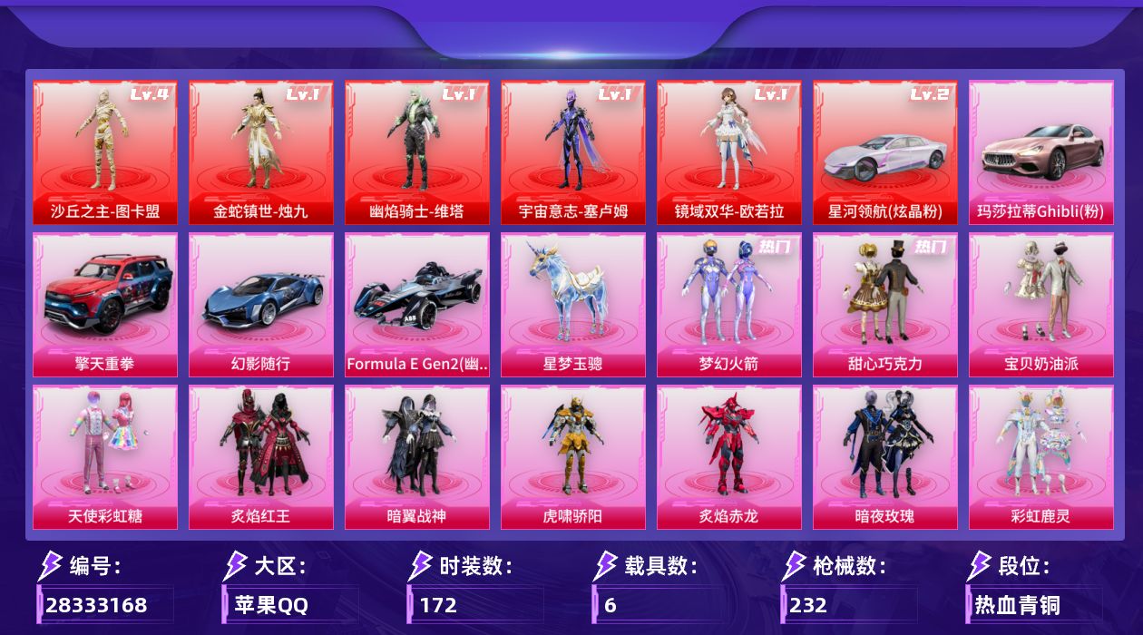 [28333168]苹果手Q-历史最高段位：超级王牌9星-5神装-25粉装-12特效枪-6载具-8粉色飞行器-103594热力值-12王牌印记-172套装-232枪皮
【红色载具等级】：星河领航（炫晶粉）(二级)
【红色神装等级】：金蛇镇世-烛九(一级)，幽焰骑士-维塔(一级)，宇宙意志-塞卢姆(一级)，镜域双华-欧若拉(一级)，沙丘之主-图卡盟(四级)
【红色角色神装】：金蛇镇世-烛九，幽焰骑士-维塔，宇宙意志-塞卢姆，镜域双华-欧若拉，沙丘之主-图卡盟
【热门品类】：粉装-梦幻火箭，套装-浪漫天命，套装-小丑鱼，套装-龟仙人，套装-暗影哥特，套装-粉红小猪，套装-红红火火，角色-8号机，角色-Mark.06
【粉色套装】：粉装-甜心巧克力，粉装-宝贝奶油派，粉装-天使彩虹糖，粉装-梦幻火箭，粉装-炙焰红王，粉装-暗翼战神，粉装-虎啸骄阳，粉装-炙焰赤龙，粉装-暗夜玫瑰，粉装-彩虹鹿灵，粉装-山涧鹿灵，粉装-冰川幽秘，粉装-冰川红玫，角色-歌者泠鸢，粉装-暗夜鎏金，粉装-第五大道，超级赛亚人-孙悟空，角色-呆萌星弥，粉装-天星战神，粉装-未来歌姬，玩偶服-猪猪侠，角色-美雪，角色-美琪，套装-创世·救赎，角色-初号机 觉醒Ver.
【粉色枪皮等级】：AKM-绿萝繁花(五级)，AKM-幽焰骑士(三级)，SCAR-L-锦绣绵绵(五级)，M416-暖熊萌萌(五级)，P90-沙丘之主(三级)，Kar98K-未来歌姬(二级)，Kar98K-巳巳如意(五级)，M24-镜域双华(三级)，M200-梦海之灵(三级)，DP-28-暗夜鎏金(五级)，MG3-炙焰牛王(六级)，PKM-天星战神(五级)
【粉色载具】：星河领航（炫晶粉），玛莎拉蒂Ghibli（粉），擎天重拳，幻影随行，Formula E Gen2（幽光蓝），僚机-萌兔起飞，星梦玉骢
【粉色枪皮】：AKM-绿萝繁花，AKM-幽焰骑士，SCAR-L-锦绣绵绵，M416-暖熊萌萌，P90-沙丘之主，Kar98K-未来歌姬，Kar98K-巳巳如意，M24-镜域双华，M200-梦海之灵，DP-28-暗夜鎏金，MG3-炙焰牛王，PKM-天星战神
【粉色飞行器】：暗翼战神飞行器，齐天大圣飞行器，冷魅冰骑飞行器，沙丘之主天马，镜域双华-灵镜之阶，幻海精灵飞行器，幽焰列车飞行器
【粉色降落伞】：幻影战神降落伞，甜心宝贝降落伞，梦幻火箭降落伞，童趣迷兔降落伞