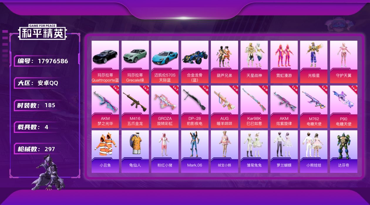 和平精英账号安卓QQ[17976586]【特价出售/店主推荐】安卓 手Q-5粉装-9特效枪-4载具-4粉色飞行器-93945热力值-15王牌印记-185套装-297枪皮【热门品类】：套装-小丑鱼，套装-龟仙人，套装-粉红