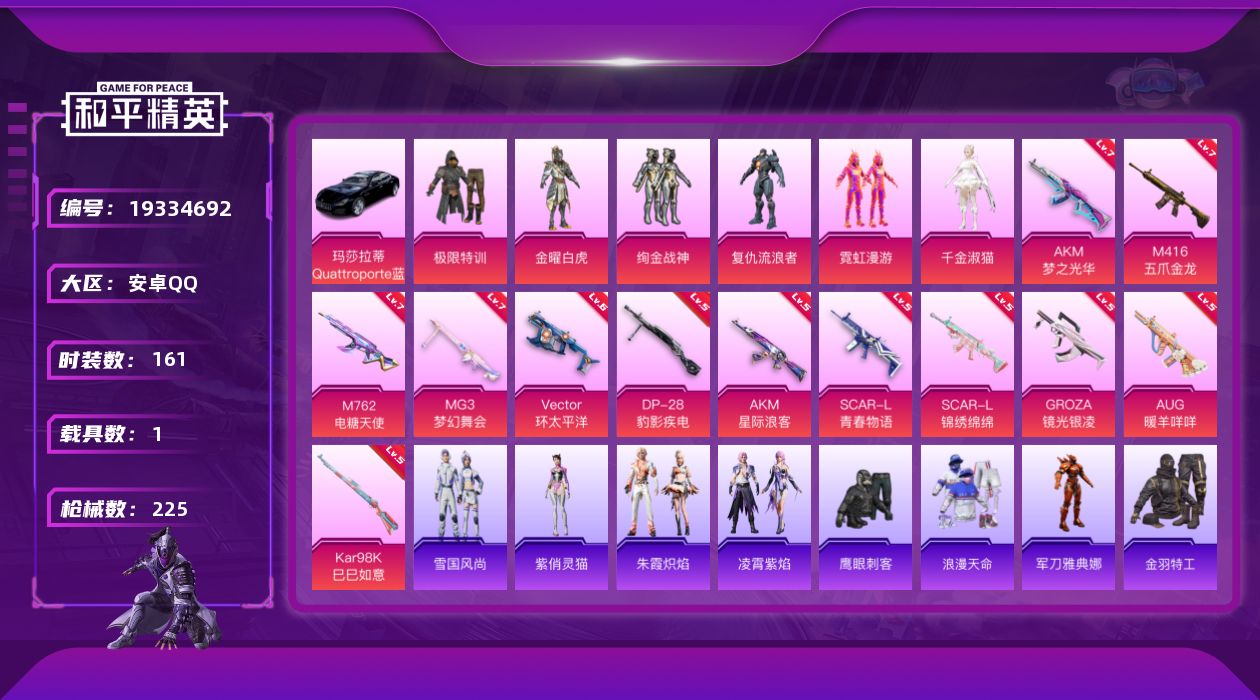 和平精英账号安卓QQ[19334692]【838】安卓手Q-6粉装-13特效枪-1载具-3粉色飞行器-71713热力值-15王牌印记-161套装-225枪皮
【热门品类】：套装-浪漫天命，角色-军刀雅典娜，套装-金羽特工