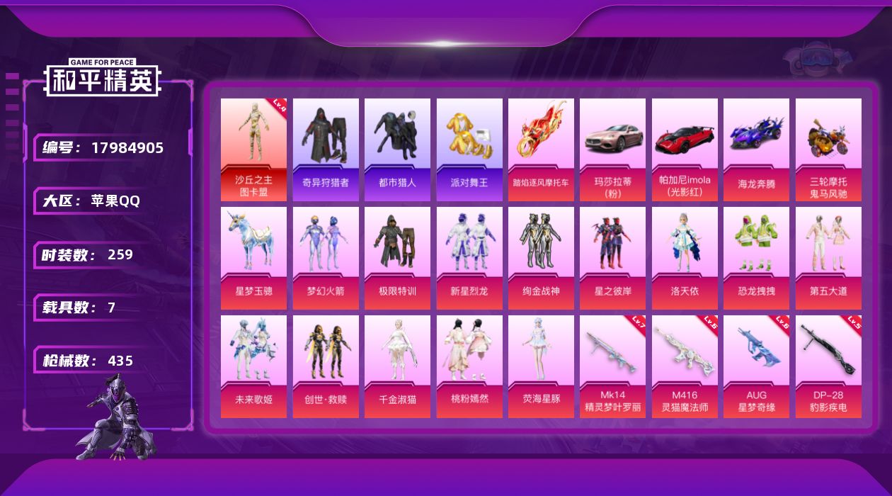 和平精英账号苹果QQ[17984905]苹果 手Q-2神装-13粉装-37特效枪-7载具-15粉色飞行器-159086热力值-22王牌印记-259套装-435枪皮
【红色神装等级】：暮色玫影-艾丽娅(一级)，沙丘之主-图