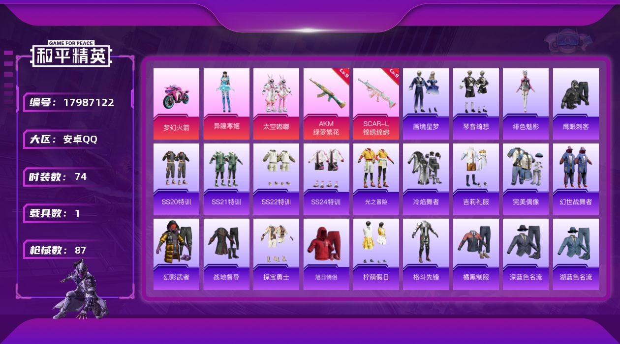 和平精英账号安卓QQ[17987122]安卓 手Q-2粉装-2特效枪-1载具-1粉色飞行器-25010热力值-2王牌印记-74套装-87枪皮
【粉色套装】：粉装-太空嘟嘟，角色-异瞳寒姬
【粉色枪皮等级】：AKM-绿萝繁
