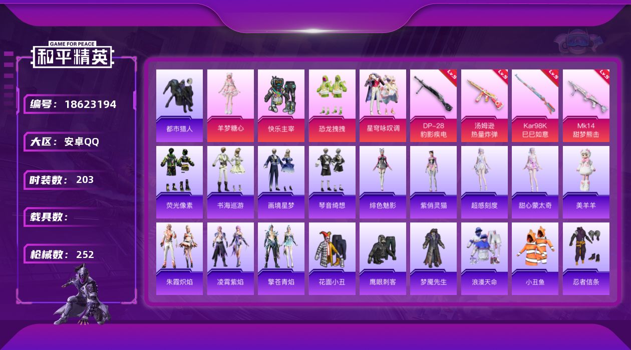 和平精英账号安卓QQ[18623194]安卓 手Q-4粉装-10特效枪-0载具-4粉色飞行器-69570热力值-9王牌印记-203套装-252枪皮
【热门品类】：套装-浪漫天命，套装-都市猎人，套装-小丑鱼，套装-忍者信