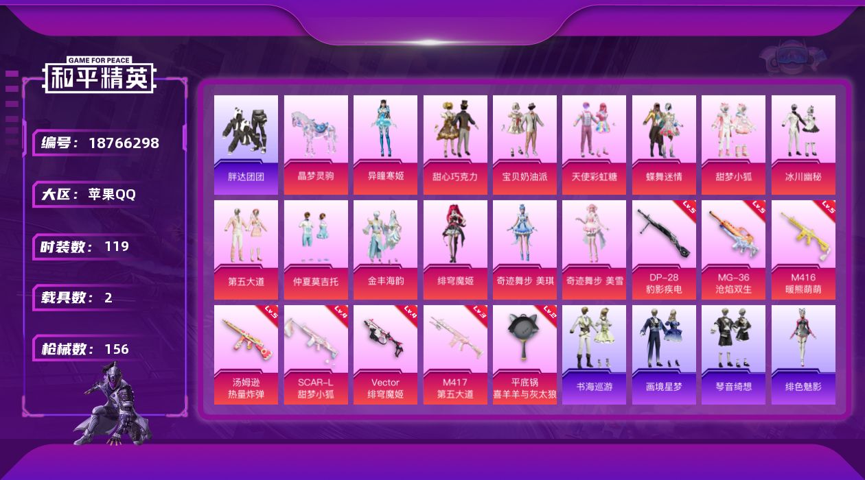 和平精英账号苹果QQ[18766298]三姐妹-1150扭蛋碎片-苹果 手Q-16粉装-16特效枪-2载具-8粉色飞行器-57822热力值-4王牌印记-119套装-156枪皮
【热门品类】：套装-浪漫天命，套装-胖达团团