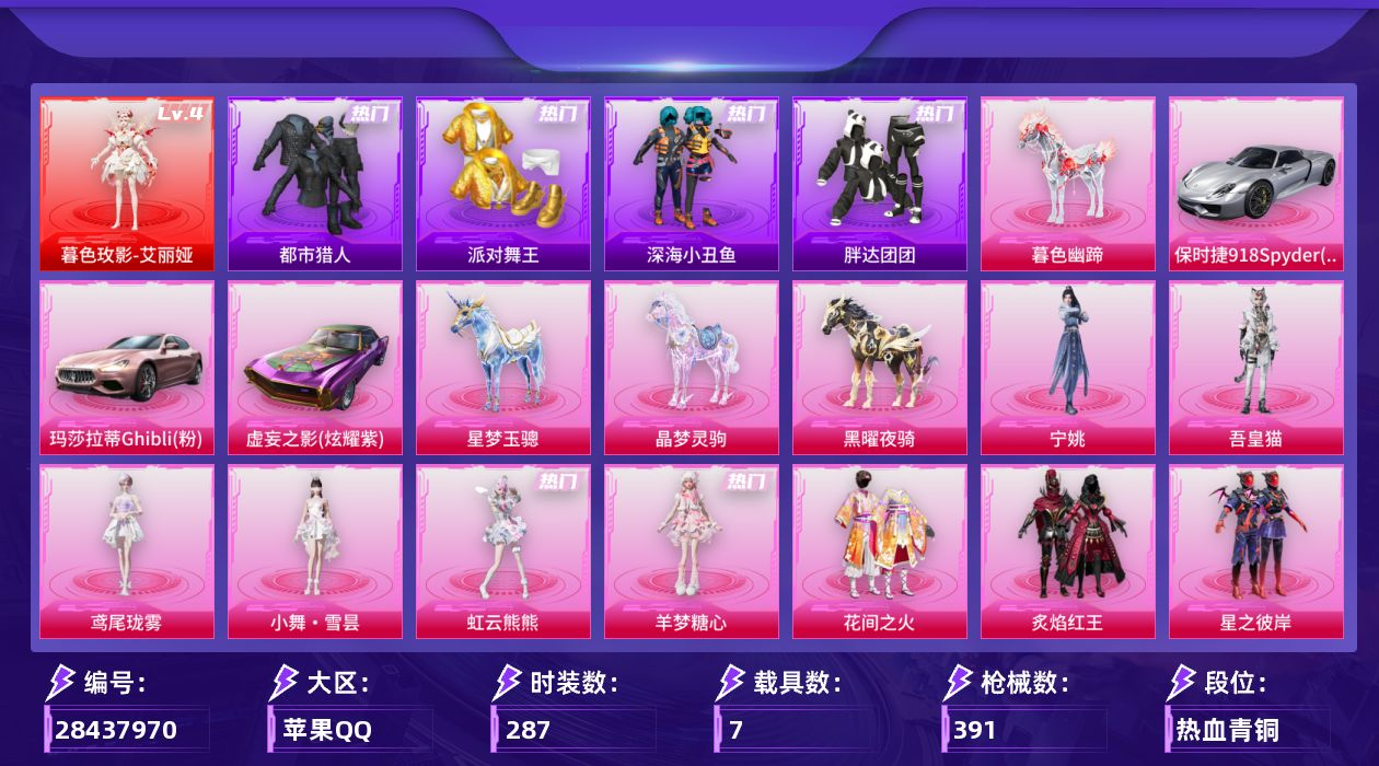 [28437970]苹果手Q-历史最高段位：超级王牌24星-1神装-25粉装-19特效枪-7载具-12粉色飞行器-144440热力值-19王牌印记-287套装-391枪皮
【红色神装等级】：暮色玫影-艾丽娅(四级)
【红色角色神装】：暮色玫影-艾丽娅
【热门品类】：套装-都市猎人，套装-派对舞王，套装-深海小丑鱼，套装-胖达团团，套装-忍者信条，角色-2B战斗服款，套装-暗夜之虎，套装-龟仙人，套装-暗影哥特，套装-摄影小熊猫
【粉色套装】：粉装-花间之火，粉装-炙焰红王，粉装-星之彼岸，粉装-馨动时刻，粉装-绚丽摇曳，粉装-闪耀律动，粉装-灵感创作师，粉装-冰川红玫，粉装-第五大道，粉装-仲夏莫吉托，粉装-天星战神，粉装-闲梦青缨，粉装-蜜语绒猫，角色-星梦奇缘，角色-狂花道·不知火舞，角色-千金淑猫，粉装-星穹咏叹调，角色-冷漠罗丽，角色-羊梦糖心，角色-虹云熊熊，人物-小舞·雪昙，角色-极地冰晶，角色-鸢尾珑雾，角色-吾皇猫，角色-宁姚
【粉色枪皮等级】：AKM-暮色玫影(三级)，SCAR-L-锦绣绵绵(五级)，SCAR-L-时空协奏(三级)，M416-剑灵(三级)，AUG-星梦奇缘(六级)，汤姆逊-玉魄流云(五级)，AKS-74U-森灵之息(五级)，Kar98K-巳巳如意(五级)，AWM-天使羽翼(七级)，Mk14-樱桃泡泡(七级)，Mk14-福马献瑞(五级)，AMR-智耀战神(七级)，M417-第五大道(四级)，AA12-G-其乐融融(五级)，DP-28-豹影疾电(五级)，DP-28-鸢尾珑雾(三级)，PKM-萌骑夺宝(四级)，燃烧瓶-天降桃花(七级)，破片手榴弹-瓶中星球(七级)
【粉色载具】：玛莎拉蒂Ghibli（粉），保时捷918 Spyder（液态银），虚妄之影（炫耀紫），僚机-萌兔起飞，星梦玉骢，晶梦灵驹，黑曜夜骑，暮色幽蹄
【粉色枪皮】：AKM-暮色玫影，SCAR-L-锦绣绵绵，SCAR-L-时空协奏，M416-剑灵，AUG-星梦奇缘，汤姆逊-玉魄流云，AKS-74U-森灵之息，Kar98K-巳巳如意，AWM-天使羽翼，Mk14-樱桃泡泡，Mk14-福马献瑞，AMR-智耀战神，M417-第五大道，AA12-G-其乐融融，DP-28-豹影疾电，DP-28-鸢尾珑雾，PKM-萌骑夺宝，燃烧瓶-天降桃花，破片手榴弹-瓶中星球
【粉色飞行器】：炫彩糖果飞行器，梦幻火箭飞