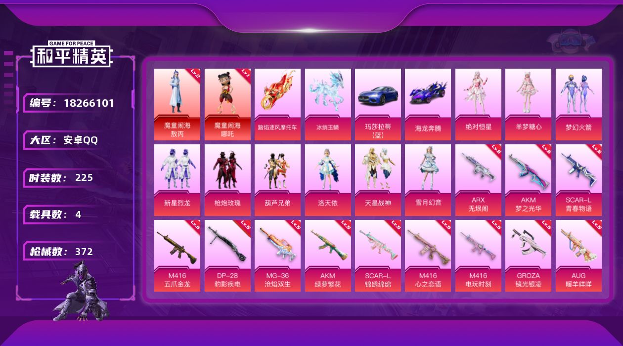 和平精英账号安卓QQ[18266101]安卓 手Q-2神装-9粉装-22特效枪-4载具-8粉色飞行器-122844热力值-22王牌印记-225套装-372枪皮
【红色神装等级】：魔童闹海-敖丙(二级)，魔童闹海-哪吒(一