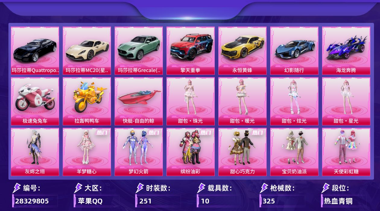 [28329805]【2010】251套装/枪械14/装备467/载具10/战备266/王牌印记21/热力值123456/梦幻火箭背包(3级)/梦幻火箭背包(2级)/梦幻火箭背包(1级)/甜心宝贝背包(3级)/甜心宝贝背包(2级)/甜心宝贝背包(1级)/百万伏特背包(2级)/深海小丑鱼背包(3级)/深海小丑鱼背包(2级)/深海小丑鱼背包(1级)/梦幻火箭头盔(3级)/梦幻火箭头盔(2级)/梦幻火箭头盔(1级)/甜心宝贝头盔(3级)/甜心宝贝头盔(2级)/甜心宝贝头盔(1级)/梦幻火箭(新101)/缤纷油彩/巡查衣/小丑鱼/龟仙人/粉红小猪/红红火火/Mark.06/五级Vector-流风之羽/五级SCAR-L-锦绣绵绵/七级M416-心之恋语/七级GROZA-旋转彩虹/五级AUG-暖羊咩咩/三级汤姆逊-玉魄流云/五级AKS-74U-森灵之息/七级P90-粉樱探戈/六级Kar98K-未来歌姬/五级Kar98K-巳巳如意/五级MK14-甜梦熊击/二级M417-灰烬之翎/六级M249-猪猪侠/七级MG3-梦幻舞会/玛莎拉蒂MC20(星石白)/玛莎拉蒂Quattroporte(夜幕蓝)/玛莎拉蒂Grecale(薄荷绿)/擎天重拳/永恒黄蜂/幻影随行/海龙奔腾/极速兔兔车/拉轰鸭鸭车/僚机-萌兔起飞/快艇-自由的鲸/灰烬之翎降落伞/碎梦浮光降落伞/破风疾驰降落伞/快乐主宰降落伞/甜心宝贝降落伞/梦幻火箭降落伞/冷魅冰骑降落伞/筑梦精灵降落伞/甜梦小狐降落伞/垂柳戏鸭降落伞/太空嘟嘟降落伞/旋转彩虹降落伞/启明星降落伞/音爆索尼克降落伞/未来歌姬降落伞/粉樱探戈降落伞/猪猪侠降落伞/精灵梦叶罗丽降落伞/星梦奇缘降落伞/金丰海韵降落伞/千金淑猫降落伞/樱桃泡泡降落伞/桃粉嫣然降落伞/星穹咏叹调降落伞/神印王座降落伞/陈平安降落伞/甜包降落伞/Vector-流风之羽/SCAR-L-锦绣绵绵/M416心之恋语/GROZA旋转彩虹/AUG-暖羊咩咩/汤姆逊-玉魄流云/AKS-74U-森灵之息/P90粉樱探戈/Kar98K未来歌姬/Kar98K-巳巳如意/MK14-甜梦熊击/M417-灰烬之翎/M249猪猪侠/MG3梦幻舞会/NV战队服/SS19特训/SS20特训/SS21特训/SS22特训/SS23特训/SS24特训/SS25特训/SS26特训/SS27特训/SS28特训/SS29特训/人气偶像/光之冒
