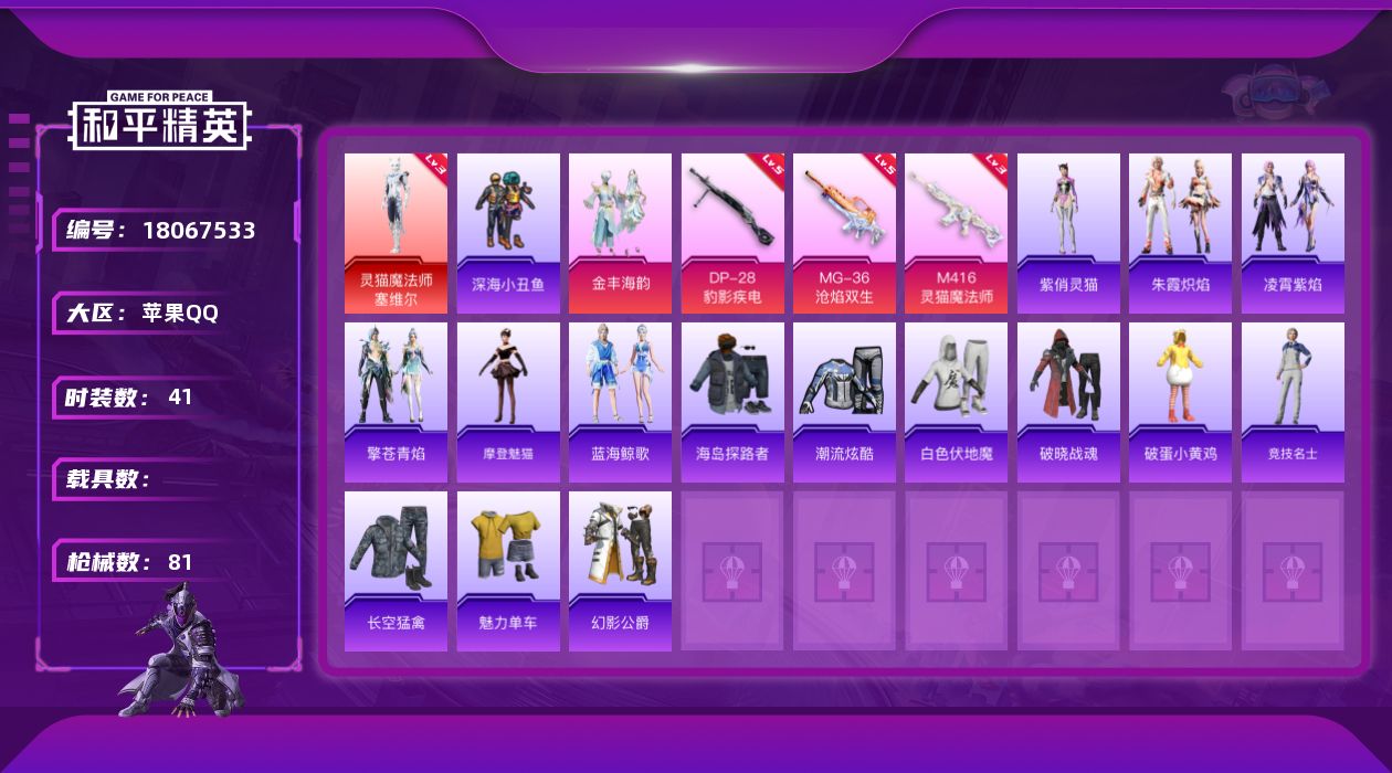 和平精英账号苹果QQ[18067533]绝世印记1 【特价出售/店主推荐】苹果 手Q-1神装-1粉装-6特效枪-4粉色飞行器-25593热力值-5王牌印记-41套装-81枪皮【红色神装等级】：灵猫魔法师-塞维尔(三级)【