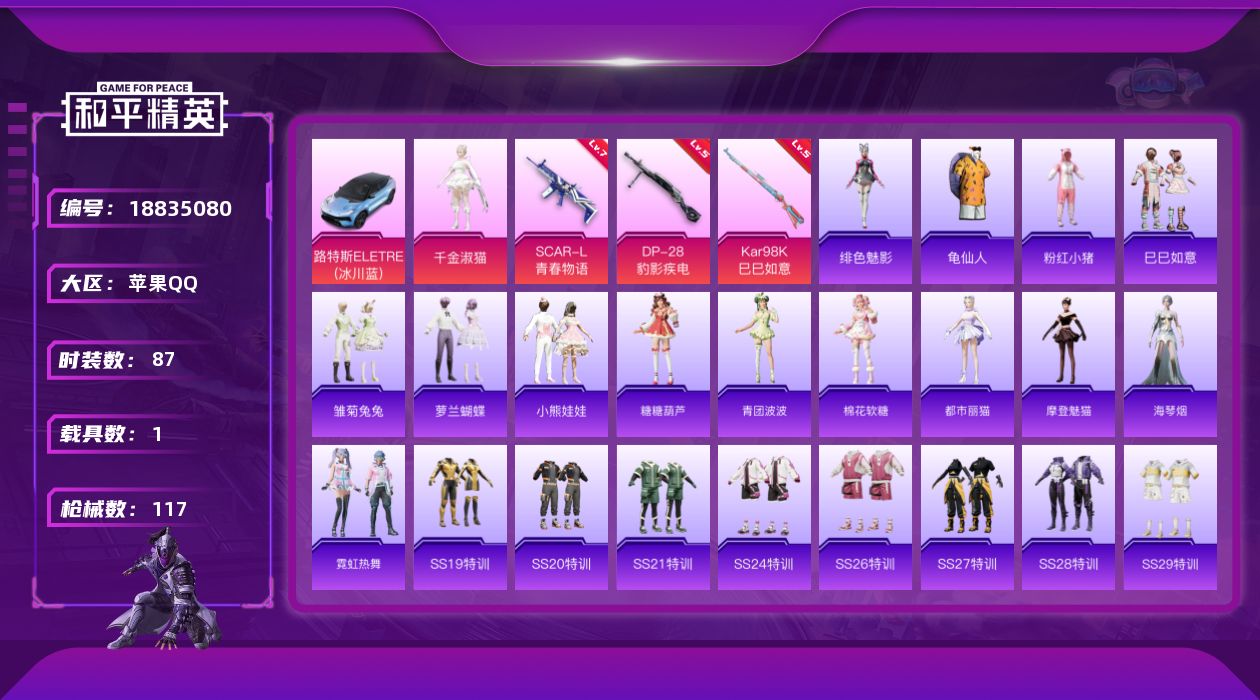 和平精英账号苹果QQ[18835080]87套装/枪械5/装备152/载具1/战备87/王牌印记9/热力值35603/七级SCAR-L-青春物语/五级ACE32-萌骑漫游/五级Kar98K-巳巳如意/四级Mk14-福马献
