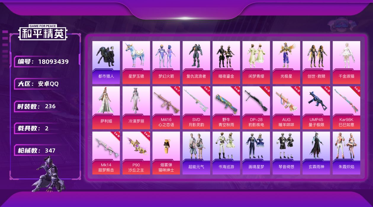 和平精英账号安卓QQ[18093439]安卓 手Q-9粉装-15特效枪-2载具-8粉色飞行器-109838热力值-20王牌印记-236套装-347枪皮
【热门品类】：粉装-梦幻火箭，套装-浪漫天命，套装-都市猎人，角色-
