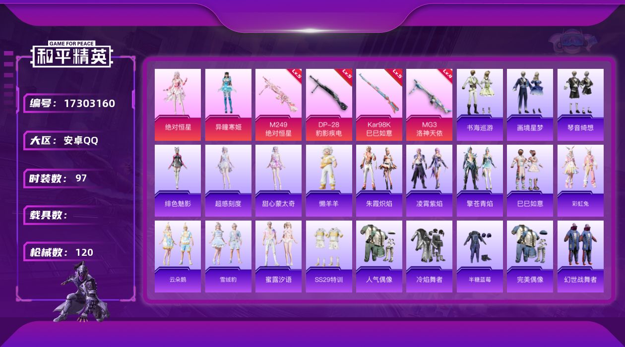 和平精英账号安卓QQ[17303160]可二次【特价出售/店主推荐】安卓 手Q-2粉装-6特效枪-0载具-2粉色飞行器-31788热力值-5王牌印记-97套装-120枪皮
【粉色套装】：角色-绝对恒星，角色-异瞳寒姬
【