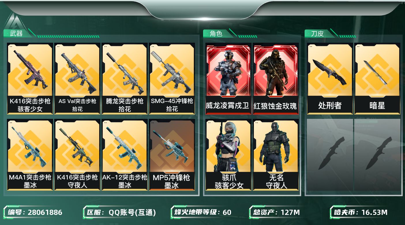 三角洲行动账号QQ[28061886]【8153】127m总资产-16530k哈夫币-60烽火等级-钻石-50战场等级