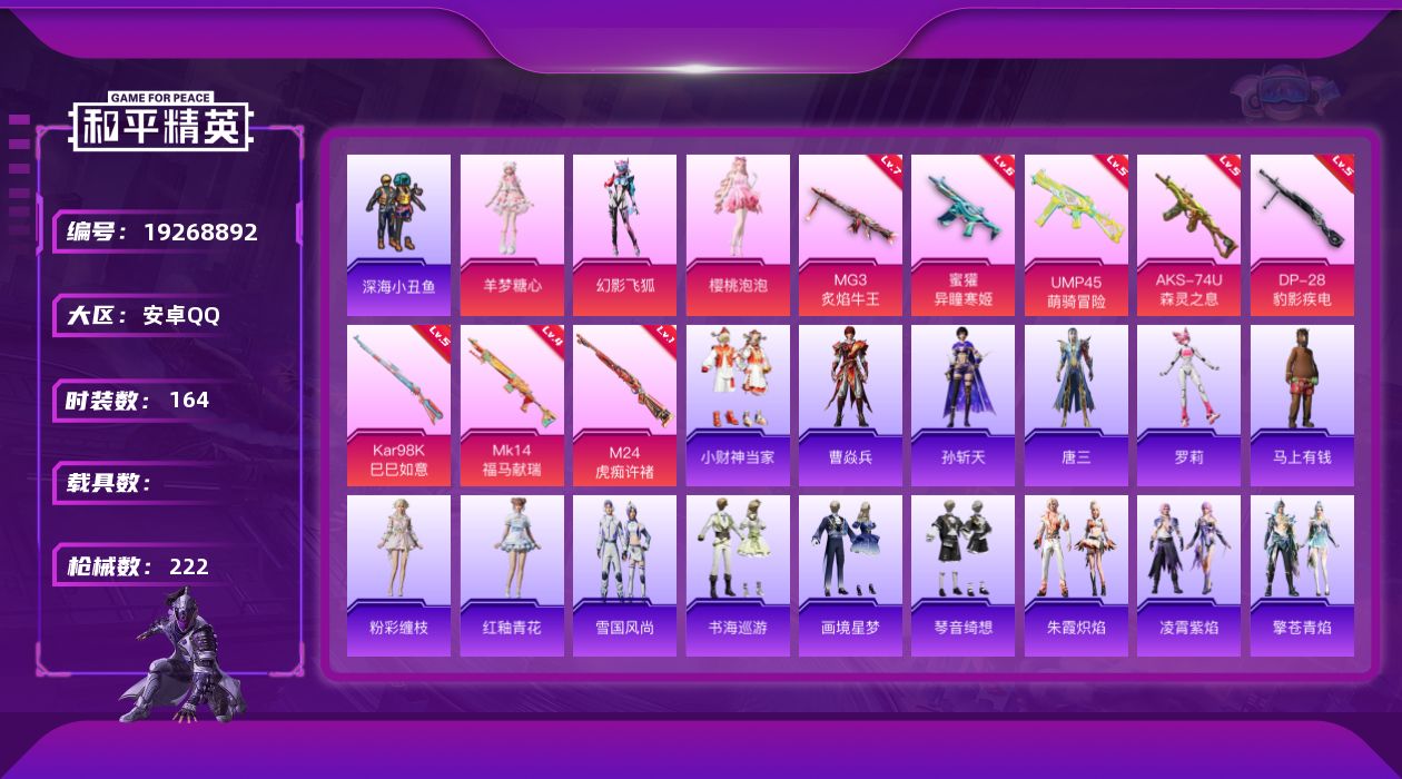 和平精英账号安卓QQ[19268892]安卓 手Q-3粉装-8特效枪-0载具-1粉色飞行器-64826热力值-9王牌印记-164套装-222枪皮
【热门品类】：套装-浪漫天命，套装-深海小丑鱼，角色-军刀雅典娜，套装-龟