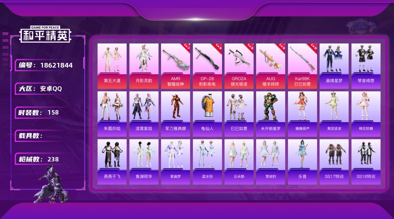 和平精英账号安卓QQ[18621844]安卓 手Q-2粉装-7特效枪-0载具-1粉色飞行器-68466热力值-13王牌印记-158套装-238枪皮
【热门品类】：角色-军刀雅典娜，套装-龟仙人
【粉色套装】：粉装-第五大