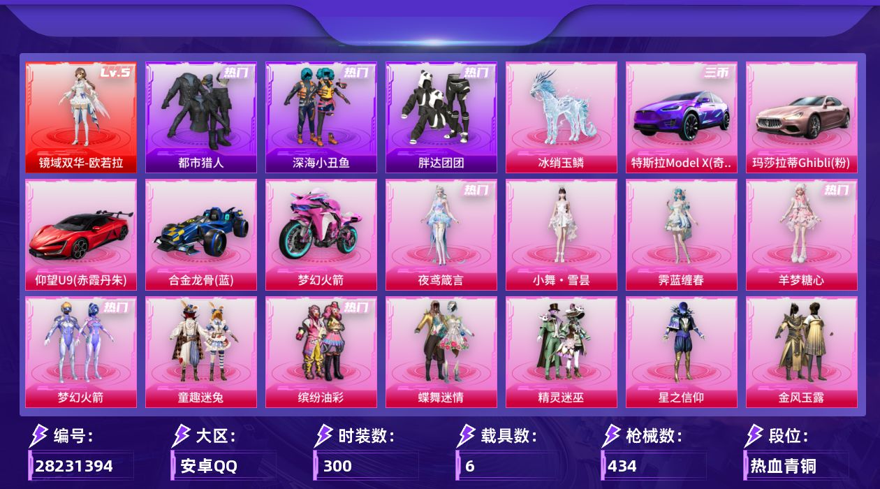 [28231394]安卓手Q-历史最高段位：卓越王牌14星-1神装-45粉装-25特效枪-6载具-15粉色飞行器-163787热力值-21王牌印记-300套装-434枪皮
【红色神装等级】：镜域双华-欧若拉(五级)
【红色角色神装】：镜域双华-欧若拉
【热门品类】：粉装-梦幻火箭，粉装-童趣迷兔，粉装-缤纷油彩，套装-浪漫天命，套装-都市猎人，套装-深海小丑鱼，套装-胖达团团，角色-2B战斗服款，套装-龟仙人，套装-潮萌小黄鸭，套装-浪漫波比，角色-Mark.06
【粉色套装】：粉装-蝶舞迷情，粉装-精灵迷巫，粉装-梦幻火箭，粉装-星之信仰，粉装-金风玉露，粉装-金属狂野，粉装-智能音符，粉装-缤纷油彩，粉装-花间之火，粉装-冰霜白皇，粉装-童趣迷兔，粉装-星之彼岸，粉装-馨动时刻，粉装-蜜桃特工，角色-洛天依，粉装-碧影闪光，粉装-恐龙拽拽，粉装-霁雪冰心，粉装-寒光使者，粉装-第五大道，粉装-仲夏莫吉托，粉装-飒粉甜心，角色-白勺歌姬，角色-呆萌星弥，角色-小可学妹，粉装-闲梦青缨，角色-茉莉星，角色-水仙星，粉装-傲傲奶龙，角色-圣堂之誓，粉装-祥瑞锦鲤，角色-电波星，角色-鸢尾晶梦，套装-创世·救赎，角色-星梦奇缘，角色-初号机 觉醒Ver.，角色-千金淑猫，角色-智耀战神，角色-幻海仙踪，角色-冷漠罗丽，角色-荧海星豚，角色-羊梦糖心，角色-霁蓝缠春，人物-小舞·雪昙，角色-夜鸢箴言
【粉色枪皮等级】：AKM-炫紫旋律(四级)，SCAR-L-梦幻火箭(四级)，M416-心之恋语(五级)，GROZA-焦糖拿铁(四级)，AUG-星之彼岸(四级)，M762-激战未来(四级)，蜜獾-荧海星豚(四级)，UMP45-恐龙拽拽(四级)，汤姆逊-玉魄流云(一级)，AKS-74U-森灵之息(五级)，P90-冷漠罗丽(四级)，Kar98K-巳巳如意(五级)，M24-星之信仰(一级)，M24-镜域双华(三级)，AWM-花间之火(四级)，Mk14-福马献瑞(四级)，SLR-暗夜玫瑰(四级)，AMR-智耀战神(四级)，M417-第五大道(四级)，DP-28-圣堂之誓(四级)，DP-28-豹影疾电(五级)，PKM-江南烟雨(四级)，MG-36-幻彩电音(四级)，97MG-夜鸢箴言(四级)，平底锅-喜羊羊与灰太狼(三级)
【粉色载具】：特斯拉Model X（奇幻紫），玛莎拉蒂Ghibli（粉），仰望U9