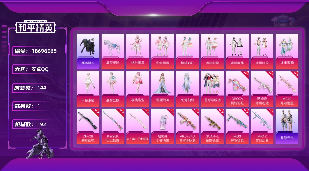 和平精英账号安卓QQ[18696065]安卓 手Q-13粉装-12特效枪-1载具-8粉色飞行器-65609热力值-10王牌印记-144套装-192枪皮
【热门品类】：套装-浪漫天命，套装-都市猎人，套装-暗夜行者
【粉色