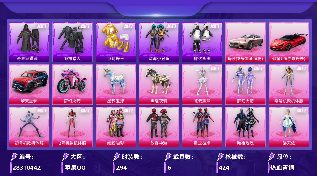 [28310442]苹果手Q-历史最高段位：超级王牌14星-25粉装-21特效枪-6载具-14粉色飞行器-149068热力值-23王牌印记-294套装-424枪皮
【热门品类】：粉装-梦幻火箭，粉装-零号机款机体服，粉装-初号机款机体服，粉装-2号机款机体服，粉装-缤纷油彩，套装-浪漫天命，套装-都市猎人，套装-派对舞王，套装-深海小丑鱼，套装-小丑鱼，套装-奇异狩猎者，角色-军刀雅典娜，套装-胖达圆圆，角色-忠猛周仓，角色-忠真马岱，角色-忠义严颜，套装-龟仙人，套装-潮萌小黄鸭，套装-暗影哥特，套装-浪漫波比，套装-萌熊伴侣，套装-红红火火，角色-Mark.06，大砍刀-青龙偃月刀，撬棍-龙胆亮银枪
【粉色套装】：粉装-梦幻火箭，粉装-缤纷油彩，粉装-放客神游，粉装-星之彼岸，粉装-暗夜玫瑰，角色-洛天依，角色-零号机款机体服，角色-初号机款机体服，角色-2号机款机体服，角色-复仇流浪者，粉装-旋转彩虹，粉装-寒光使者，粉装-第五大道，粉装-飒粉甜心，粉装-未来歌姬，粉装-憨憨奶龙，粉装-祥瑞锦鲤，角色-烟云彩露，角色-严莉莉，角色-美琪，粉装-金丰海韵，粉装-英伦信使，角色-千金淑猫，粉装-星穹咏叹调，角色-虹云熊熊
【粉色枪皮等级】：AKM-梦之光华(五级)，M16A4-垂柳戏鸭(二级)，M416-五爪金龙(一级)，M416-墨龙九天(八级)，M416-灵猫魔法师(一级)，GROZA-镜光银凌(五级)，AUG-星之彼岸(七级)，Vector-环太平洋(六级)，Vector-流风之羽(一级)，汤姆逊-玉魄流云(二级)，Kar98K-巳巳如意(五级)，Mk14-盛世惊鸿(三级)，Mk14-福马献瑞(一级)，AMR-鸢尾晶梦(七级)，AMR-智耀战神(二级)，M417-第五大道(四级)，AA12-G-其乐融融(四级)，DP-28-豹影疾电(五级)，MG3-酷泡奶龙(五级)，PKM-江南烟雨(五级)
【粉色载具】：玛莎拉蒂Ghibli（粉），仰望U9（赤霞丹朱），擎天重拳，双人摩托-梦幻火箭，星梦玉骢，黑曜夜骑
【粉色枪皮】：AKM-梦之光华，M16A4-垂柳戏鸭，M416-五爪金龙，M416-墨龙九天，M416-灵猫魔法师，GROZA-镜光银凌，AUG-星之彼岸，Vector-环太平洋，Vector-流风之羽，汤姆逊-玉魄流云，Kar98K-巳巳如意，Mk14-盛世惊鸿，Mk14-