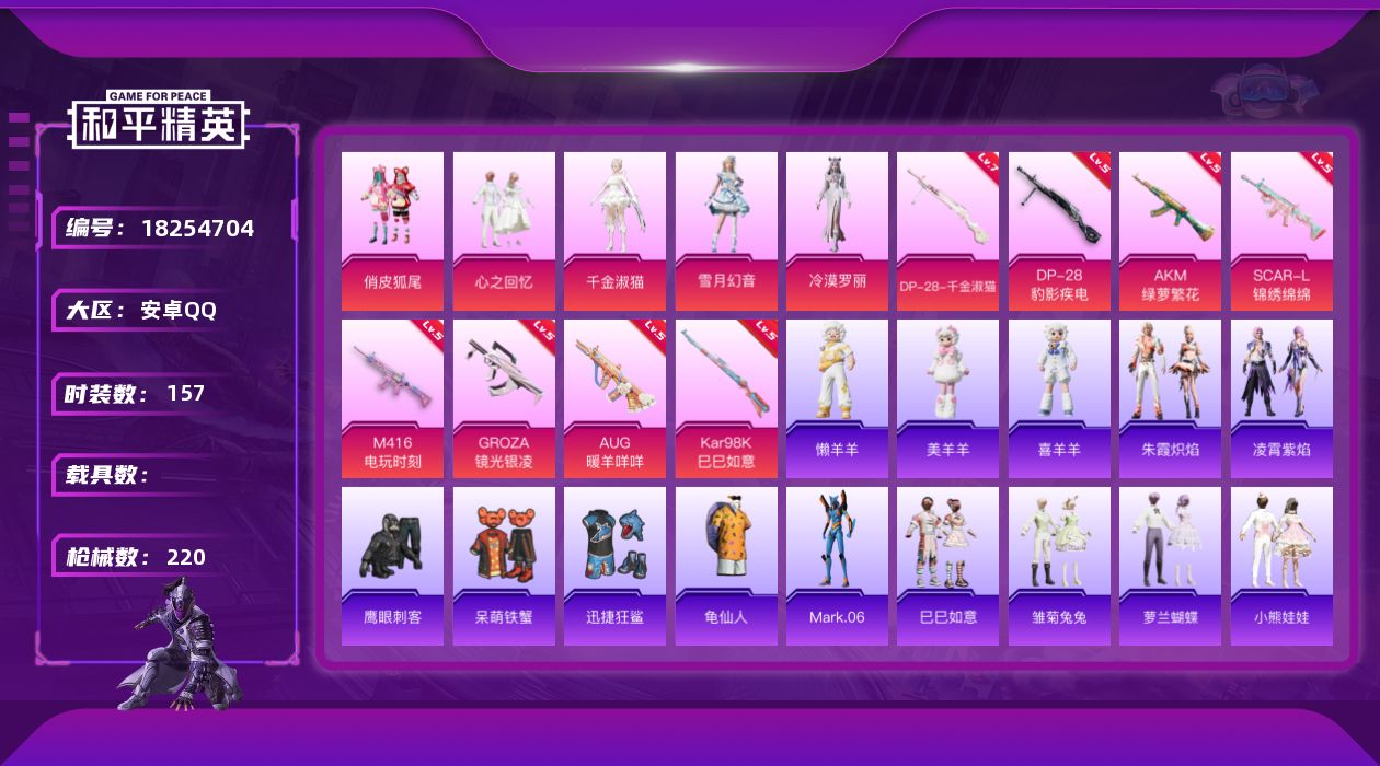 和平精英账号安卓QQ[18254704]安卓 手Q-5粉装-9特效枪-0载具-0粉色飞行器-62197热力值-16王牌印记-157套装-220枪皮
【热门品类】：套装-龟仙人，角色-Mark.06
【粉色套装】：粉装-俏