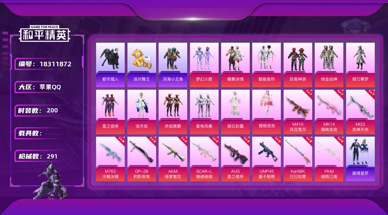 和平精英账号苹果QQ[18311872]绝世印记1 【特价出售/店主推荐】苹果 手Q-12粉装-13特效枪-5粉色飞行器-90763热力值-13王牌印记-200套装-291枪皮【热门品类】：粉装-梦幻火箭，套装-浪漫天命