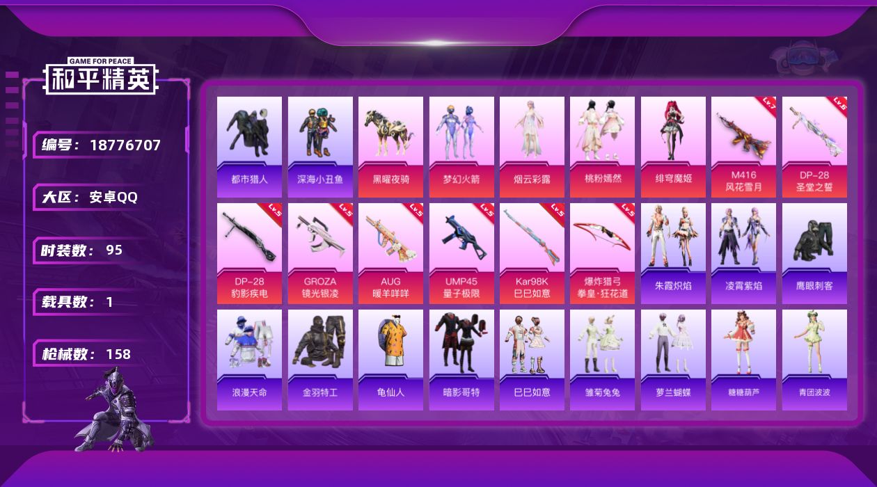 和平精英账号安卓QQ[18776707]安卓 手Q-4粉装-11特效枪-1载具-4粉色飞行器-50922热力值-6王牌印记-95套装-158枪皮
【热门品类】：粉装-梦幻火箭，套装-浪漫天命，套装-都市猎人，套装-深海小