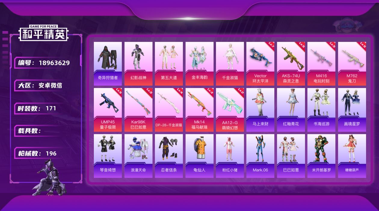 和平精英账号安卓微信[18963629]171套装/枪械9/装备218/战备137/王牌印记5/热力值61399/五级M416-电玩时刻/五级M762-鬼刀/五级UMP45-量子极限/七级Vector-环太平洋/五级AK