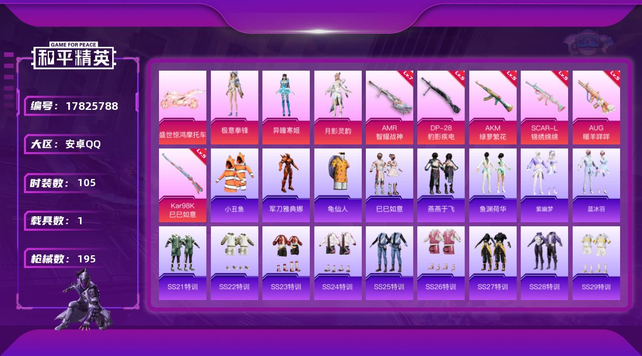 和平精英账号安卓QQ[17825788]【特价出售/店主推荐】安卓 手Q-3粉装-8特效枪-1载具-1粉色飞行器-50314热力值-12王牌印记-105套装-195枪皮【热门品类】：套装-小丑鱼，角色-军刀雅典娜，套装-