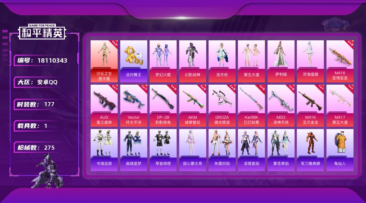 和平精英账号安卓QQ[18110343]安卓 手Q-1神装-7粉装-13特效枪-1载具-7粉色飞行器-82994热力值-19王牌印记-177套装-275枪皮
【红色神装等级】：沙丘之主-图卡盟(二级)
【红色角色神装】：
