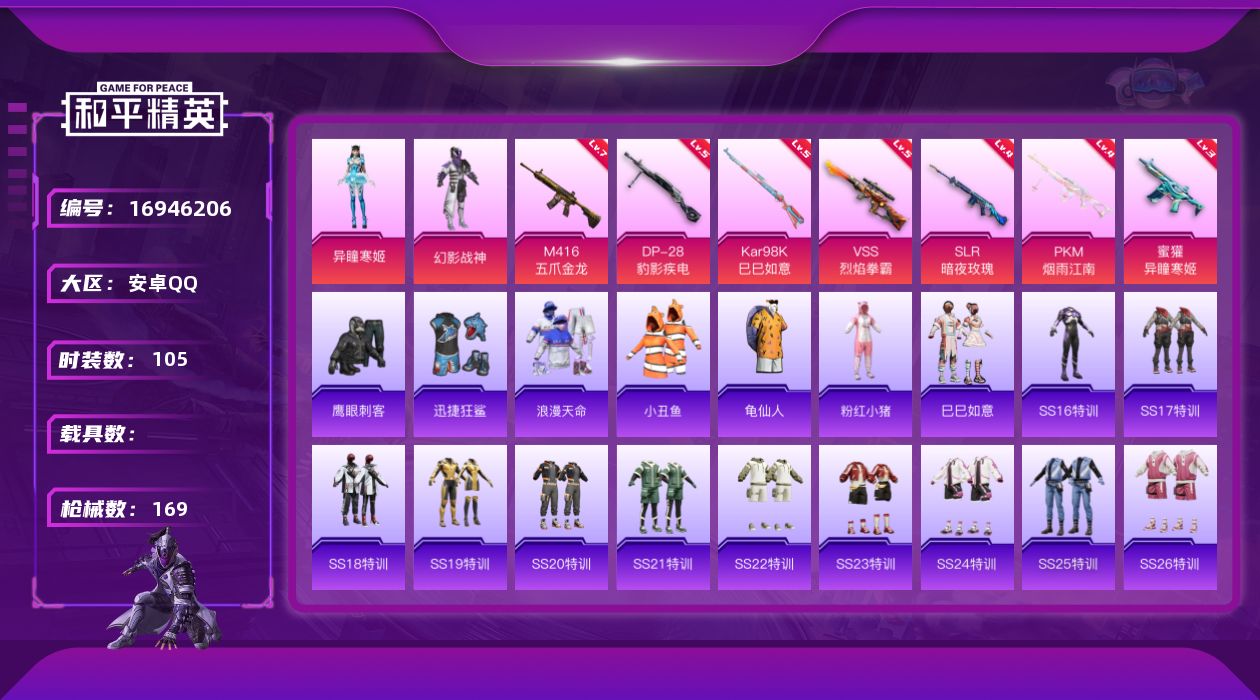 和平精英账号安卓QQ[16946206]安卓 手Q-2粉装-7特效枪-0载具-0粉色飞行器-50083热力值-12王牌印记-105套装-169枪皮
【热门品类】：套装-浪漫天命，套装-小丑鱼，套装-龟仙人，套装-粉红小猪