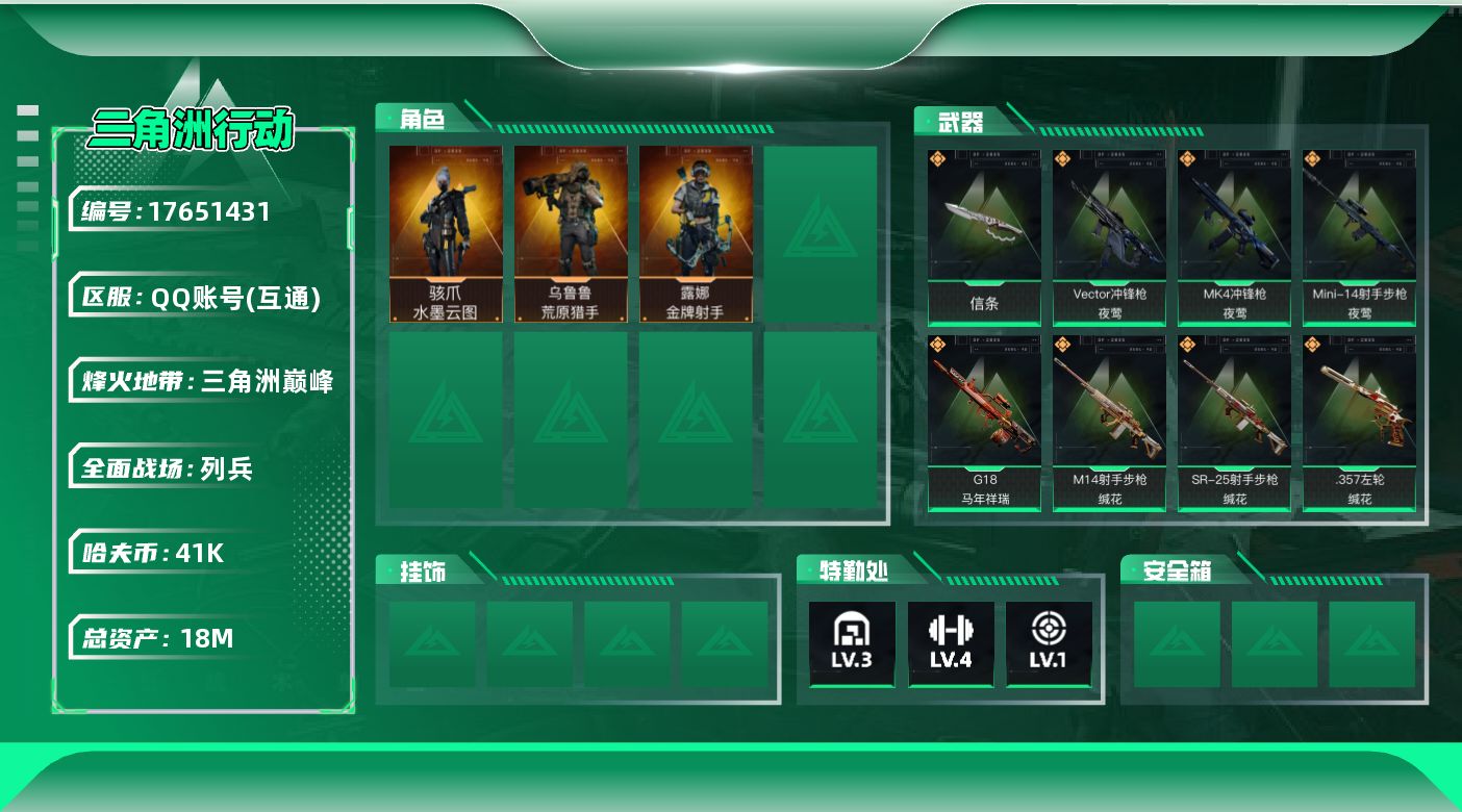 三角洲行动账号QQ【4710】18m总资产-41k哈伏币-60烽火等级-三角洲巅峰-8战场等级-列兵
【干员外观】：骇