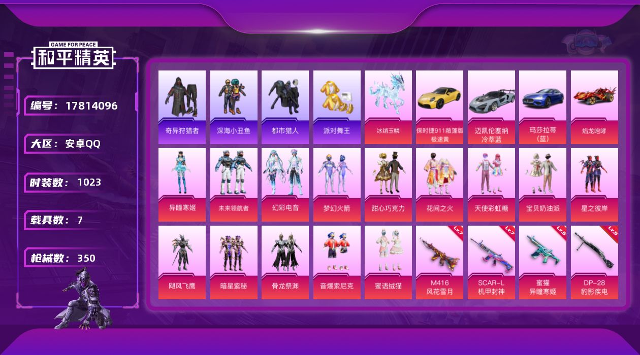 和平精英账号安卓QQ7载具-274套装-350枪皮-5稀有7载具15粉装19特效枪25热门274套装350枪皮 热力值 