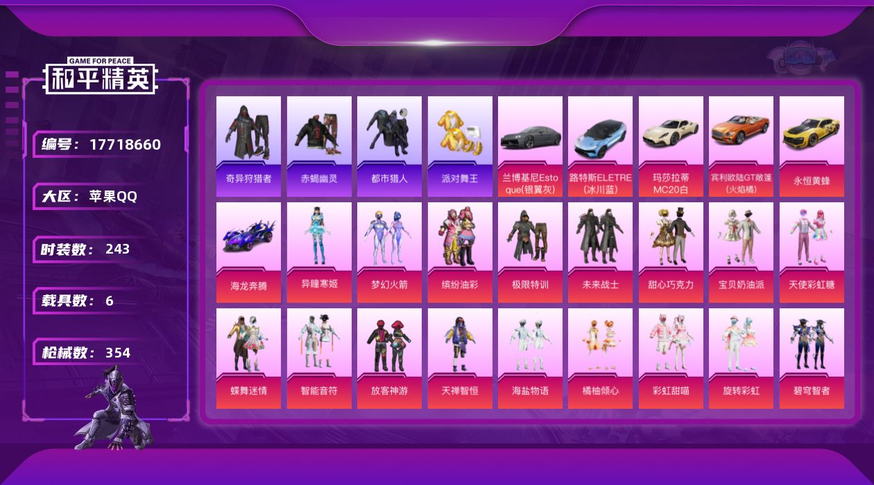 和平精英账号苹果QQ[17718660]苹果 手Q-1神装-25粉装-14特效枪-6载具-6粉色飞行器-124511热力值-17王牌印记-243套装-354枪皮
【红色神装等级】：暮色玫影-艾丽娅(二级)
【红色角色神装