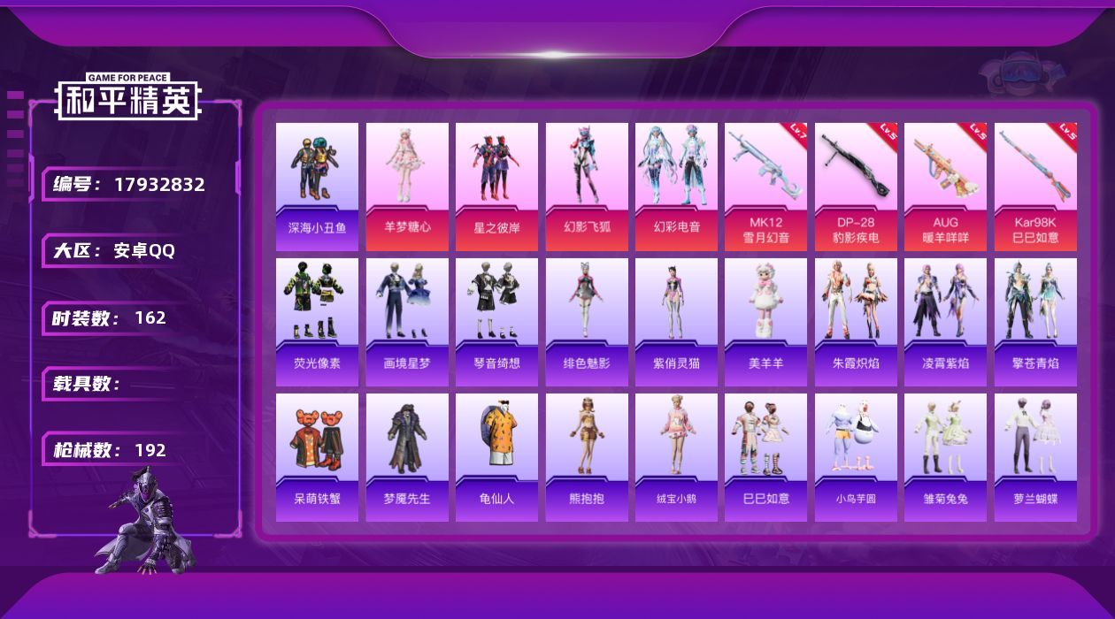 和平精英账号安卓QQ[17932832]安卓 手Q-5粉装-4特效枪-0载具-2粉色飞行器-56561热力值-11王牌印记-162套装-192枪皮
【热门品类】：套装-深海小丑鱼，套装-龟仙人
【粉色套装】：粉装-星之彼