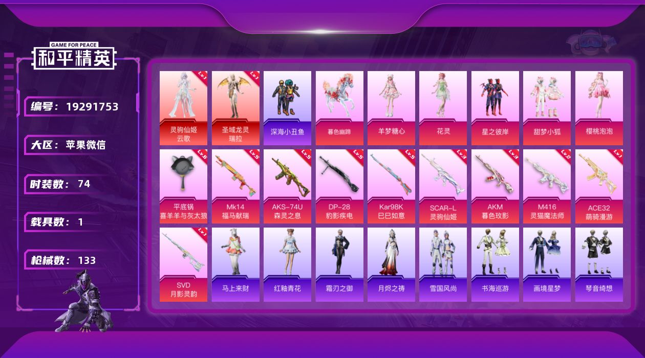 和平精英账号苹果微信[19291753]灵驹仙姬-云歌！圣域龙灵-瑞拉！苹果 微信-2神装-5粉装-10特效枪-1载具-6粉色飞行器-42925热力值-4王牌印记-74套装-133枪皮
【红色神装等级】：灵驹仙姬-云歌(