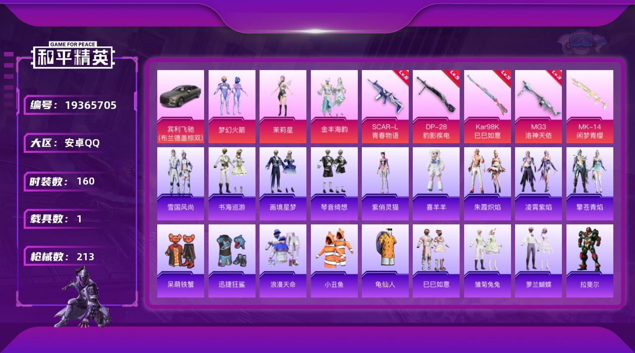 和平精英账号安卓QQ[19365705]160套装/枪械11/装备270/载具1/战备128/王牌印记9/热力值66806/三级UMP45-霜月狼主/六级SCAR-L-青春物语/二级ACE32-萌骑漫游/三级UMP45-
