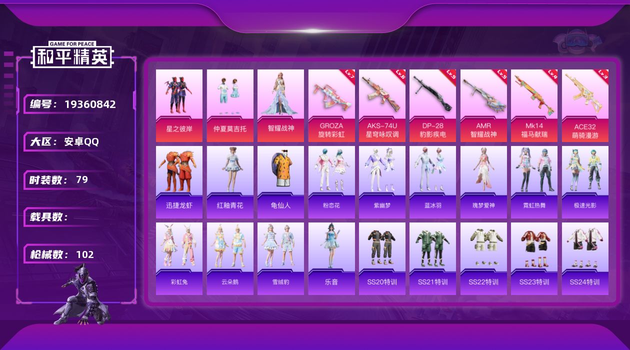 和平精英账号安卓QQ[19360842]安卓 手Q-3粉装-6特效枪-0载具-2粉色飞行器-33462热力值-8王牌印记-79套装-102枪皮
【热门品类】：套装-龟仙人
【粉色套装】：粉装-星之彼岸，粉装-仲夏莫吉托，