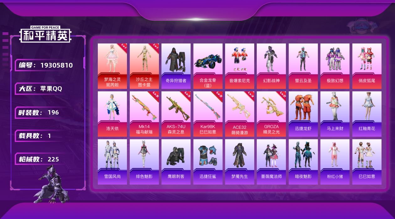 和平精英账号苹果QQ[19305810]196套装/枪械5/装备252/载具1/战备156/王牌印记7/热力值74102/二级GROZA-精灵之光/三级ACE32-萌骑漫游/五级AKS-74U-森灵之息/五级Kar98K