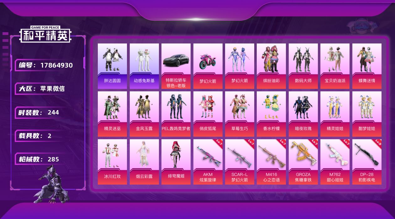 和平精英账号苹果微信[17864930]【特价出售/店主推荐】苹果 微信-17粉装-7特效枪-2载具-9粉色飞行器-11·4w热力值-22王牌印记-244套装-285枪皮
【热门品类】：粉装-梦幻火箭，粉装-缤纷油彩，套