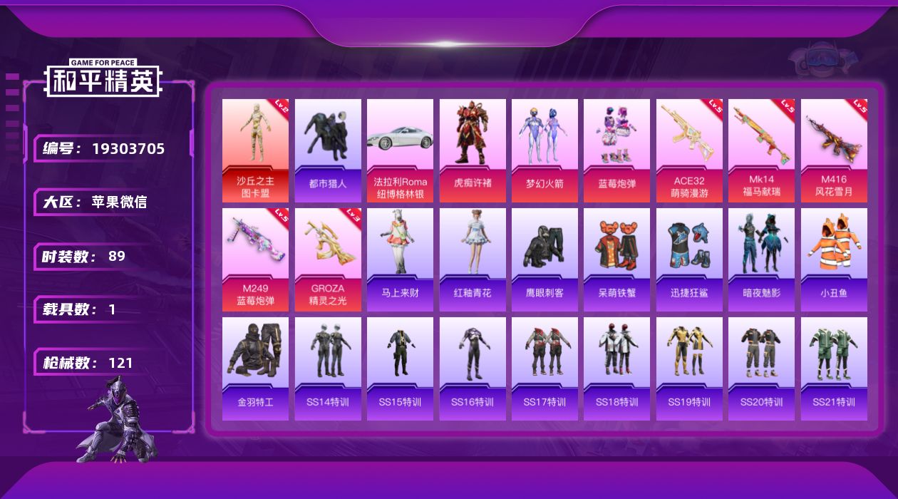 和平精英账号苹果微信[19303705]苹果微信-1神装-3粉装-5特效枪-1载具-5粉色飞行器-44297热力值-14王牌印记-89套装-121枪皮
【红色神装等级】：沙丘之主-图卡盟(二级)
【红色角色神装】：沙丘之