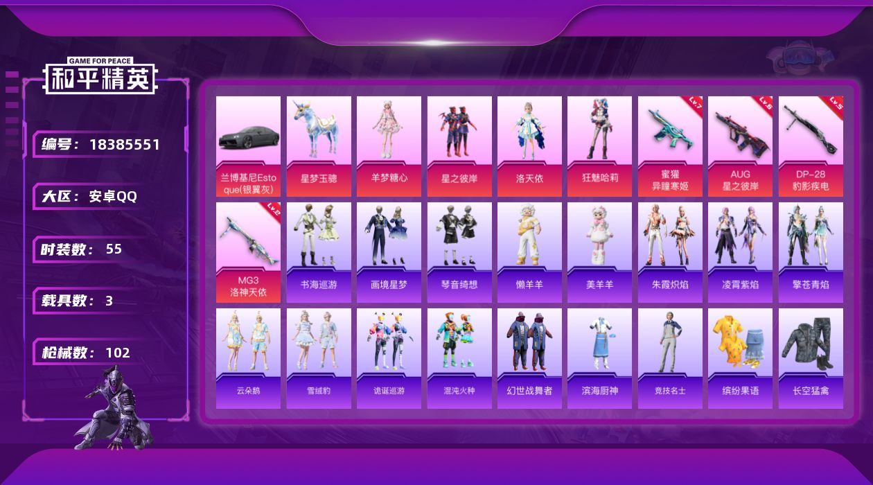 和平精英账号安卓QQ[18385551]可二次【特价出售/店主推荐】绝世印记1 安卓 手Q-1神装-6粉装-8特效枪-3载具-7粉色飞行器-35864热力值-5王牌印记-55套装-102枪皮【红色神装等级】：天马神君-驭