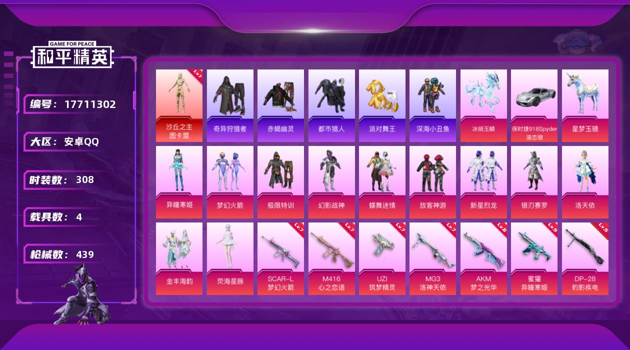 和平精英账号安卓QQ[17711302]DAS9814包人脸 钱包无法注销 安卓Q-2红装9稀有4载具12粉装20特效枪32热门308套装439枪皮 145712热力值 25印记 历史无敌战神   暮色玫影-艾丽娅 (1