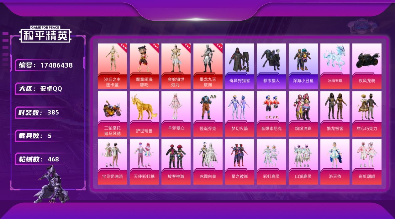和平精英账号安卓QQ[17486438]【店主推荐捡漏号】安卓 手Q-4神装-40粉装-22特效枪-5载具-27粉色飞行器-176351热力值-15王牌印记-385套装-468枪皮【红色神装等级】：魔童闹海-哪吒(一级)