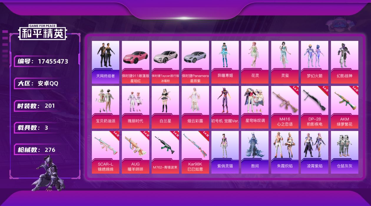 和平精英账号安卓QQ[17455473]安卓 手Q-11粉装-8特效枪-3载具-2粉色飞行器-86178热力值-19王牌印记-201套装-276枪皮
【热门品类】：粉装-梦幻火箭，套装-浪漫天命，套装-小丑鱼，套装-天网