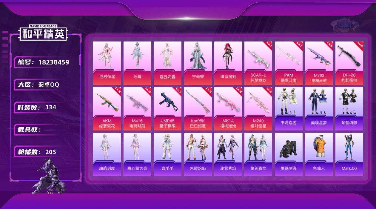 和平精英账号安卓QQ[18238459]安卓 手Q-6粉装-12特效枪-0载具-3粉色飞行器-60310热力值-3王牌印记-134套装-205枪皮
【热门品类】：套装-龟仙人，角色-Mark.06
【粉色套装】：角色-绝