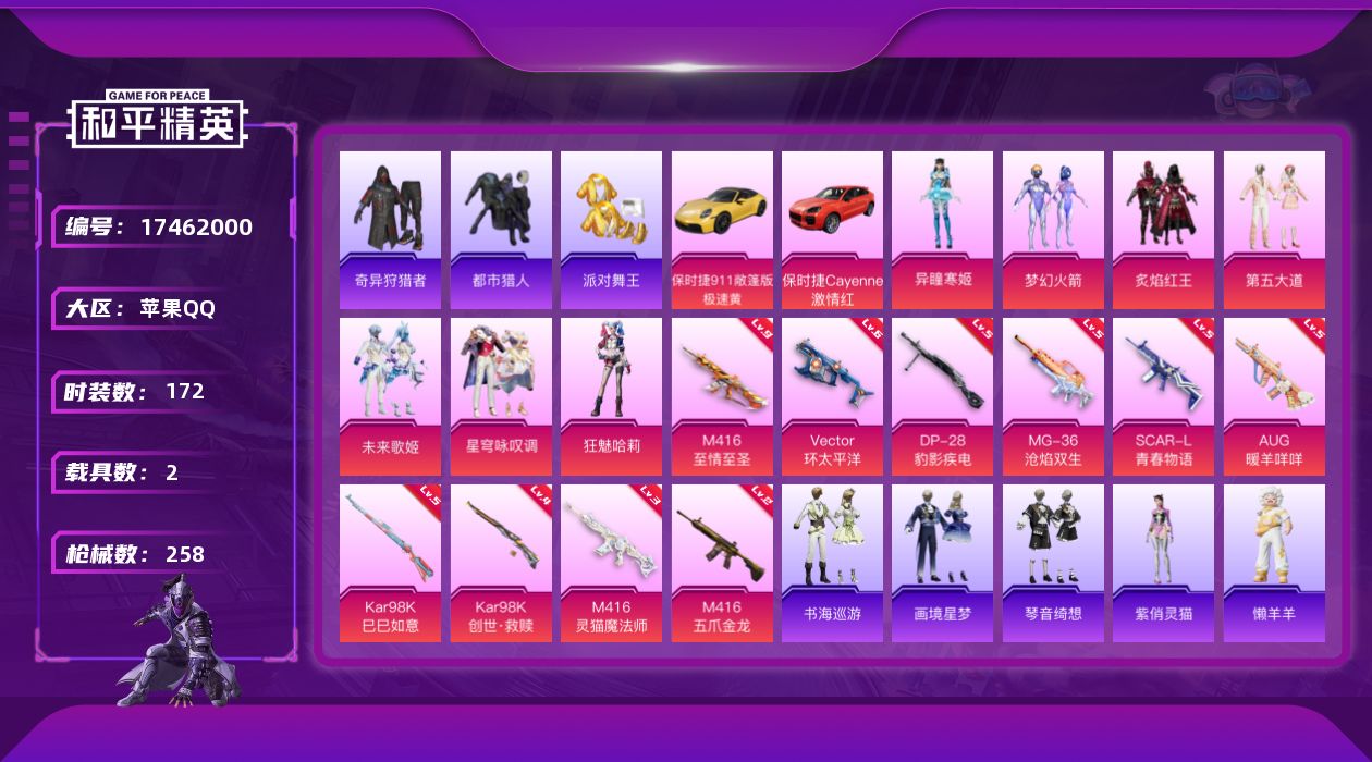 和平精英账号苹果QQ[17462000]苹果 手Q-7粉装-13特效枪-2载具-6粉色飞行器-83280热力值-17王牌印记-172套装-258枪皮
【热门品类】：粉装-梦幻火箭，套装-浪漫天命，套装-都市猎人，套装-派