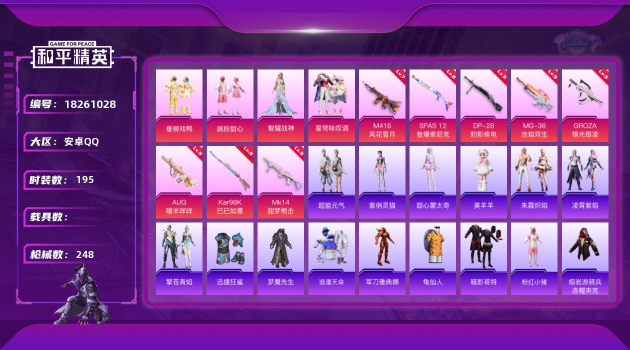 和平精英账号安卓QQ[18261028]安卓 手Q-5粉装-11特效枪-0载具-2粉色飞行器-72653热力值-14王牌印记-195套装-248枪皮
【热门品类】：套装-浪漫天命，角色-军刀雅典娜，套装-龟仙人，套装-暗