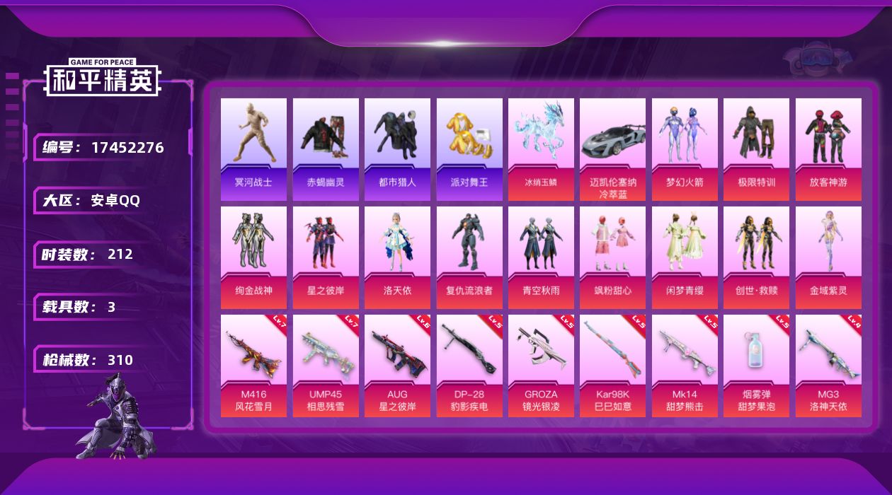 和平精英账号安卓QQ[17452276]安卓 手Q-12粉装-11特效枪-3载具-6粉色飞行器-97986热力值-15王牌印记-212套装-310枪皮
【热门品类】：粉装-梦幻火箭，套装-浪漫天命，套装-赤蝎幽灵，套装-