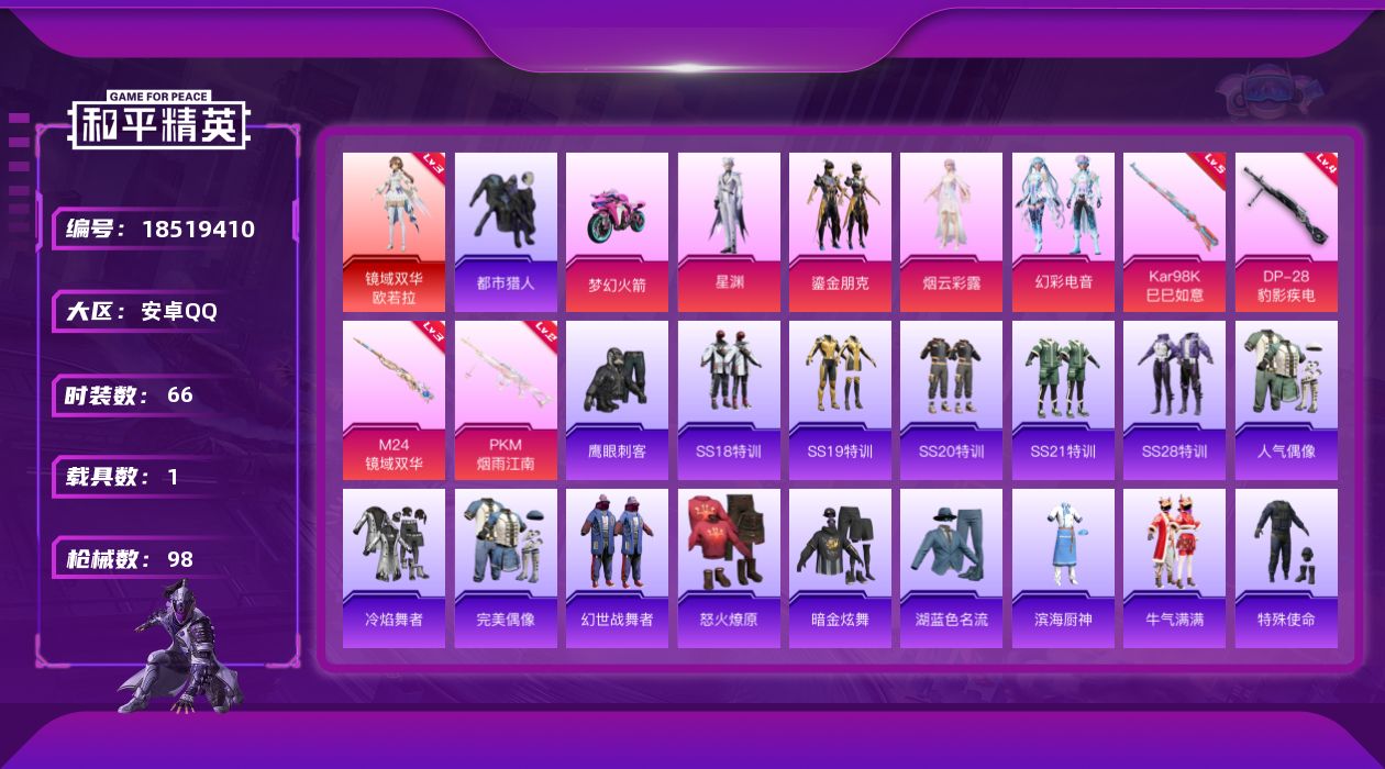 和平精英账号安卓QQ[18519410]【特价出售/店主推荐】
安卓 手Q-1神装-4粉装-7特效枪-1载具-4粉色飞行器-33385热力值-1王牌印记-66套装-98枪皮【红色神装等级】：镜域双华-欧若拉(三级)【红色