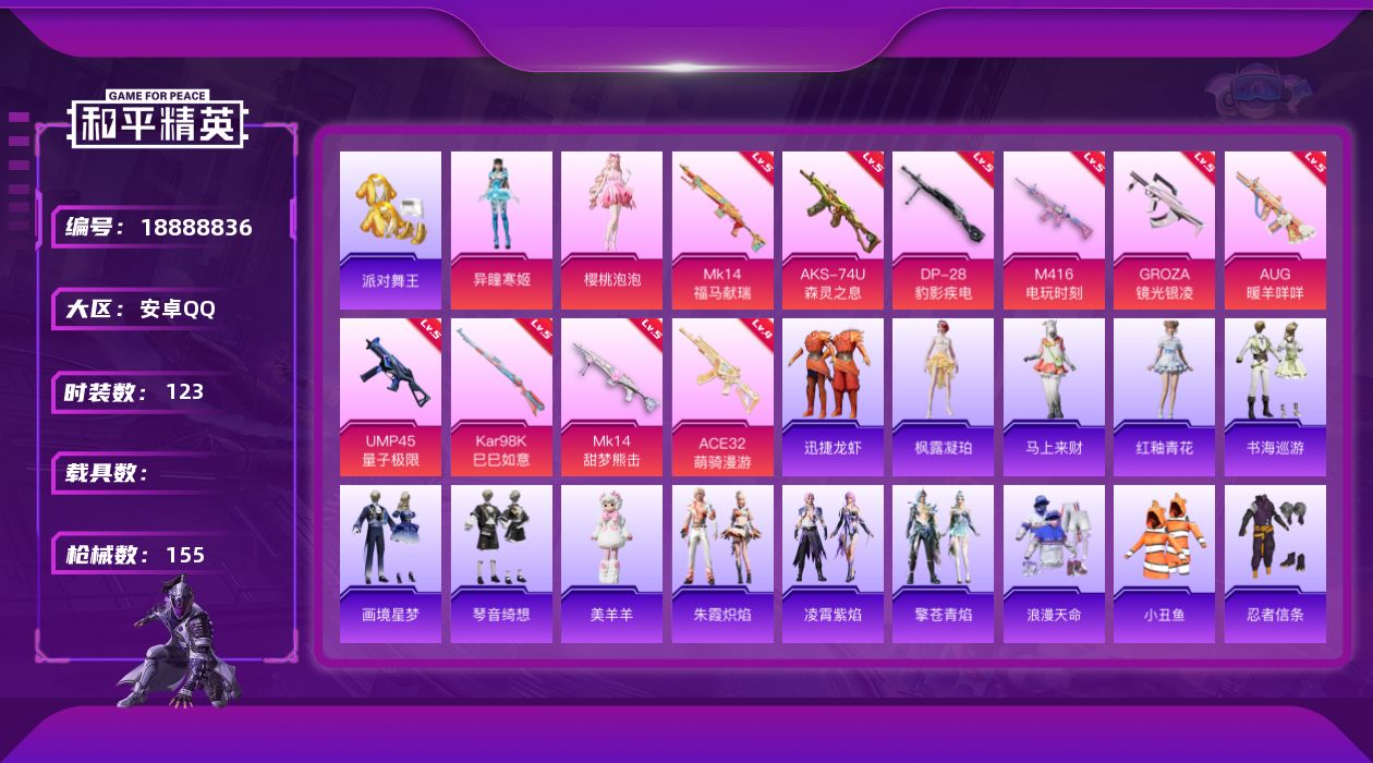 和平精英账号安卓QQ[18888836]安卓 手Q-2粉装-10特效枪-0载具-1粉色飞行器-46620热力值-4王牌印记-123套装-155枪皮
【热门品类】：套装-浪漫天命，套装-派对舞王，套装-小丑鱼，套装-忍者信